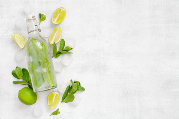 Background with glass bottle with refreshing non-alcoholic mojito
