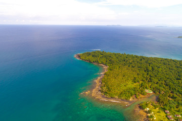Aerial view beautiful green tree on island with turquoise sea water