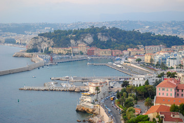 Fototapeta premium Panoramic view of the city of Nice, France in cloudy day. end of the season