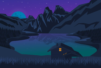 Vector illustration of a house on the lake among the mountains at nigh t.Beautiful country landscape, perfect for creating backgrounds on the Internet or book covers