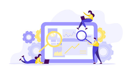 Flat illustration  design of workers  data analysis solution or search engine for website page templates, banner  , graphic and web design, SEO, . Modern vector and mobile website development. - 257696483