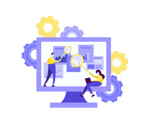 Flat illustration  design of workers  data analysis solution or search engine for website page templates, banner  , graphic and web design, SEO, . Modern vector and mobile website development. - 257696698
