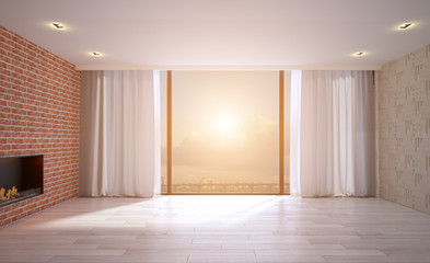 Empty living room with wooden and brick walls. Big window. Modern fireplace.. 3D rendering. Sunset