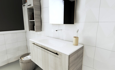Modern light furniture. Spacious large bathroom.. 3D rendering. Mockup