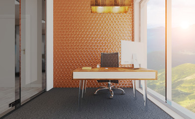 Interior of modern office room on a background of big mountains. Workplace employee of the company in the wooden style 3D rendering. Sunset. mockup