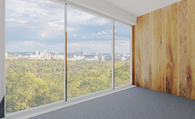 Empty office with wooden walls and a large window. Business background 3D rendering. mockup