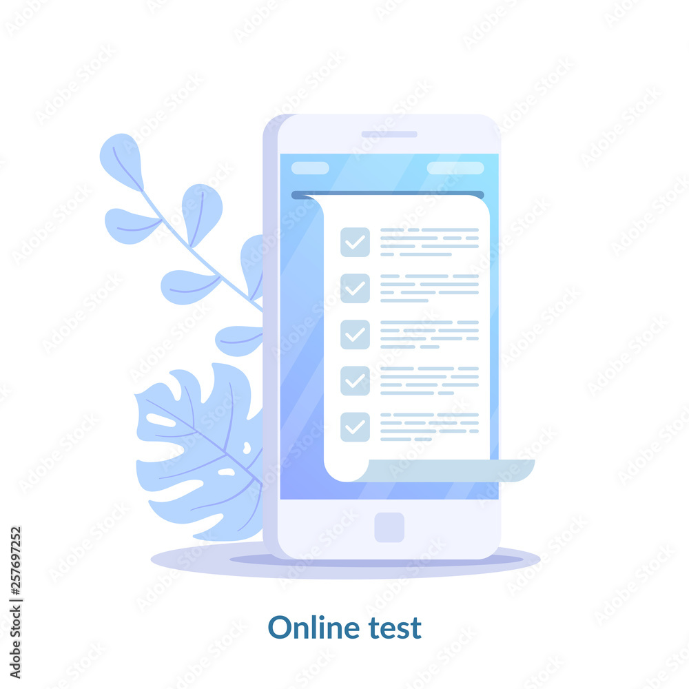 Poster online test concept. computer quiz form on smartphone. online to do list testing digital exam questi