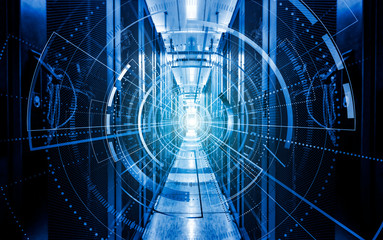 Modern digital graph holograms flying over server room data center. programming data design element.,concept of big data storage and cloud computing technology.