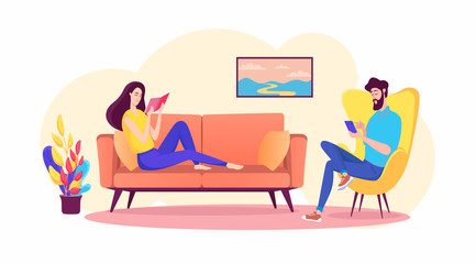 Color apartment interior design and resting couple of young people