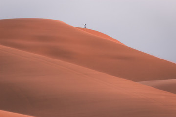 Fototapeta na wymiar Man takes a selfie over the tallest dune in the Sahara Desert of Morocco. African safari