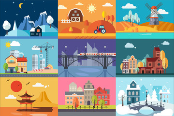 Urban and nature landscape in different seasons set vector Illustrations