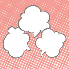 Speech Bubbles on Coral Background with Dots ,Three Speech Bubbles on Pop Art Halftone Background, Conversation in Retro Style, Vector Illustration