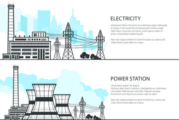 Set of Banners with Electric Power Transmission, Nuclear Reactor and Power Lines, Vector Illustration