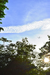 Airplane in the blue sky and cloud.The passenger plane on a background of the dark blue sky.