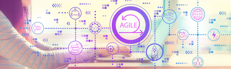 Agile concept ith woman working on a laptop in brightly lit room