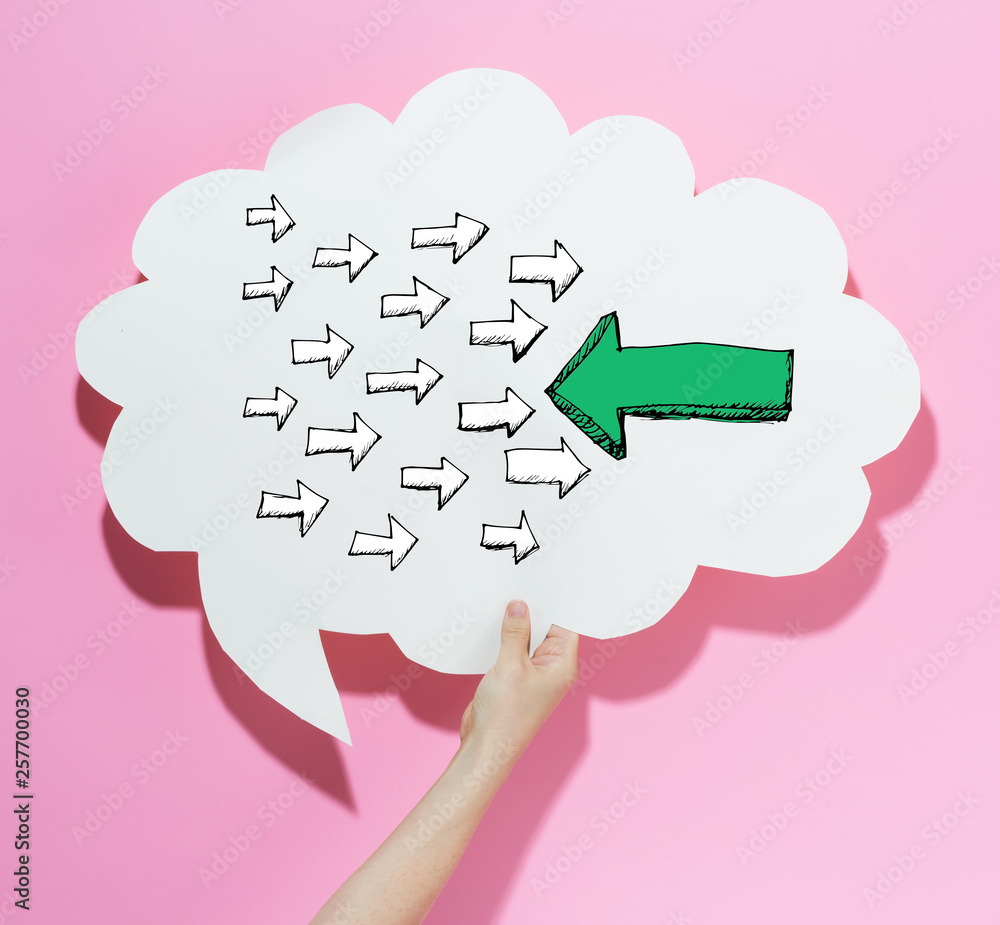Poster arrow facing in a opposite direction with a speech bubble on a pink background