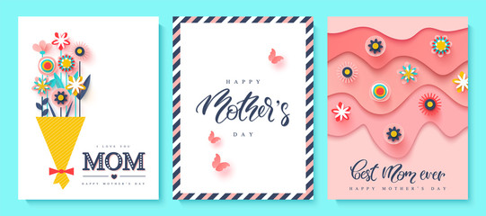 Set of greeting cards Happy Mother's day. Paper cut flowers and hand drawn lettering. Vector illustration.