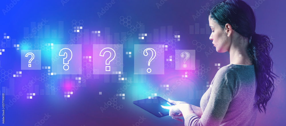 Poster question marks with business woman using a tablet computer