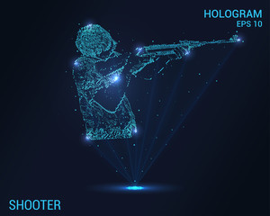 Hologram shooter. Digital and technological background of the rifle. Futuristic shooting range design.