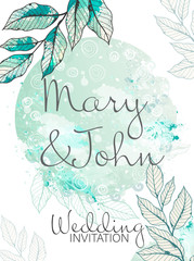 Watercolor outline leaves elegant wedding ivitationtemplate