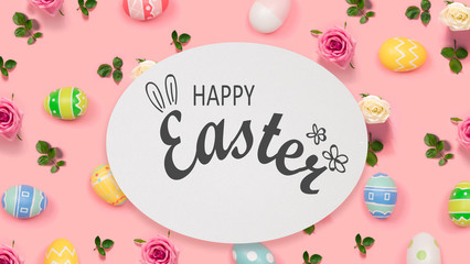 Happy Easter message with Easter eggs on a pink background