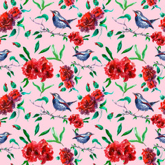 Beautiful red roses seamless pattern with bird on tree branch. English garden floral print for wallpapers, cards, textile, fabric.  Sophisticated spring botanical background in vintage colonial style.