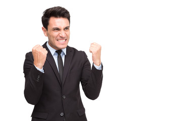 Excited executive businessman in suit feeling winner celebrating victory business success isolated on white background