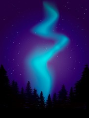 Night polar landscape with aurora. Borealis and forest vector illustration.