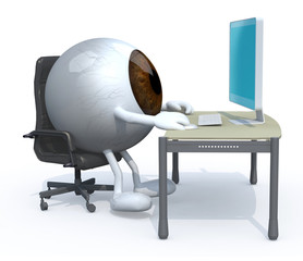 Fototapeta na wymiar brown eyeball work on desk with computer