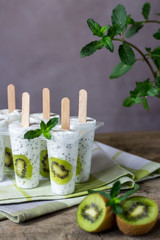 Ice cream pops with kiwi, chia seeds and yogurt. Summer refreshment. Homemade healthy dessert.