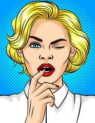Color vector illustration of pop-art style girl winks. Beautiful blonde with red lips flirts. Girl with a finger at an open mouth. Young attractive girl in a playful mood