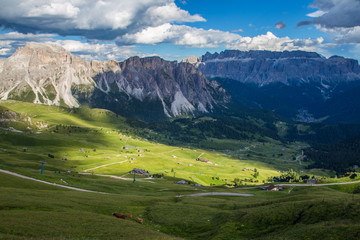 Breathtaking view of Dolomites landscape at Seceda village in Italy.