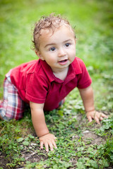 Happy Toddler Boy Crawling in Grass Outside - Color Portrait