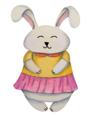 Obraz premium Easter or birthday bunny (rabbit) girl in dress. Hand drawn watercolor and colored pencil illustration.