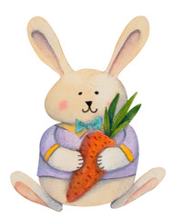 Easter or birthday bunny (rabbit) boy with carrot. Hand drawn watercolor and colored pencil illustration.