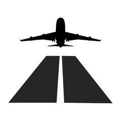 An airplane taking off at sunset in the mountains. Vector illustration