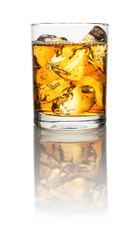 A glass with iced tea and icecubes on a white background