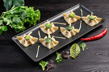 Gyoza with spinach, ricotta and lamb on a black rectangular plate on a dark wooden background