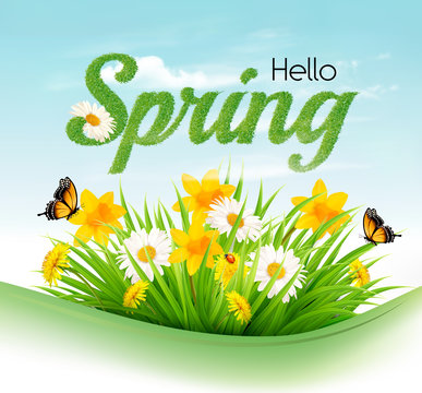 Nature spring background with a green grass and flowers and butterflies. Vector.