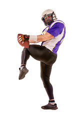 Football Player in action with ball in the hand isolated on white background.