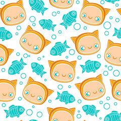 Cute baby in a cat hat and fish seamless pattern, vector flat illustration. Nursery poster. Sweet little animal head