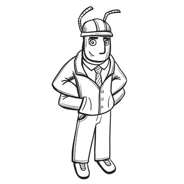 Anthropomorphous humanized ant builder foreman. Hand drawn black and white sketch line art, vector