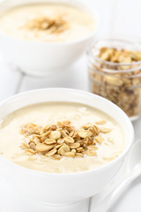 Refreshing rhubarb and yogurt dessert or cold soup topped with homemade oatmeal and almond granola (Selective Focus, Focus one third into the image)