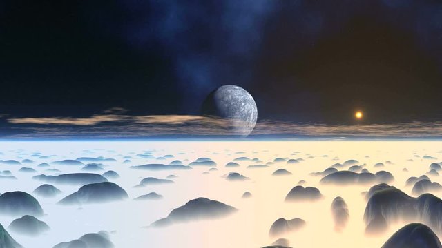 Misty Hilly Alien Planet. In the starry sky of the planet and the nebula. The bright sun rises over the misty horizon.  Slowly floating clouds. 