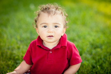 Little Toddler Boy in Grass Outside - Color Portrait