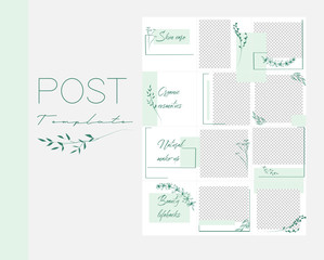  Design backgrounds for social media banner.Set of Instagram post frame templates.Vector cover. Mockup for beauty blog or cosmetic shop. Endless square green puzzle layout for promotion.