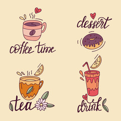 Set of cute illustrations: coffee, tea, dessert, drink in hand drawn style.