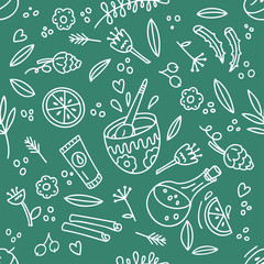 Organic cosmetics seamless pattern. Hand drawn illustration.