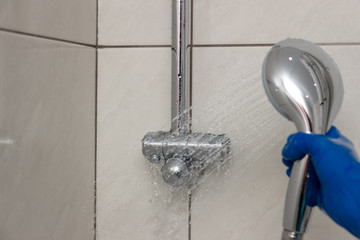 Close-up of the shower faucet and shower head cleaning process from lime scale, white chalk sediment and stains using a commercial soap scum remover. Bathroom cleaning and disinfection, cleanup