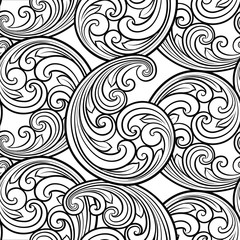 Seamless baroque scrolls line pattern in eastern or arabic style. Exquisite monochrome texture. Black and white graphic background, lace pattern